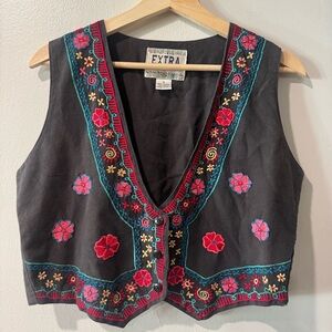 Embroidered Cotton Vest‎ Medium Artistic Vintage Colorful Floral Gray